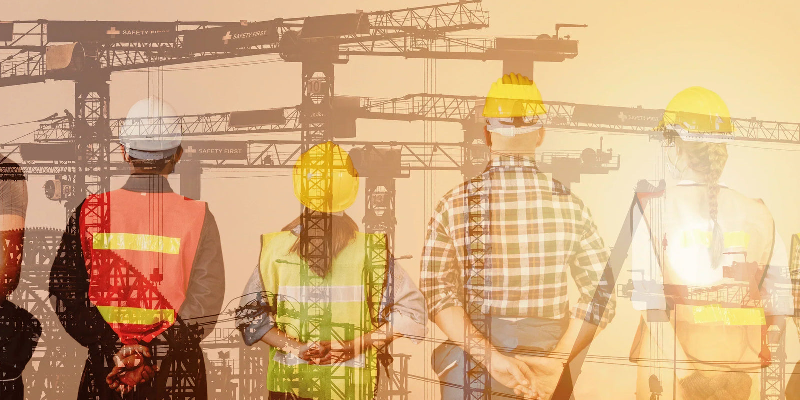 construction workers looking at cranes in the sky