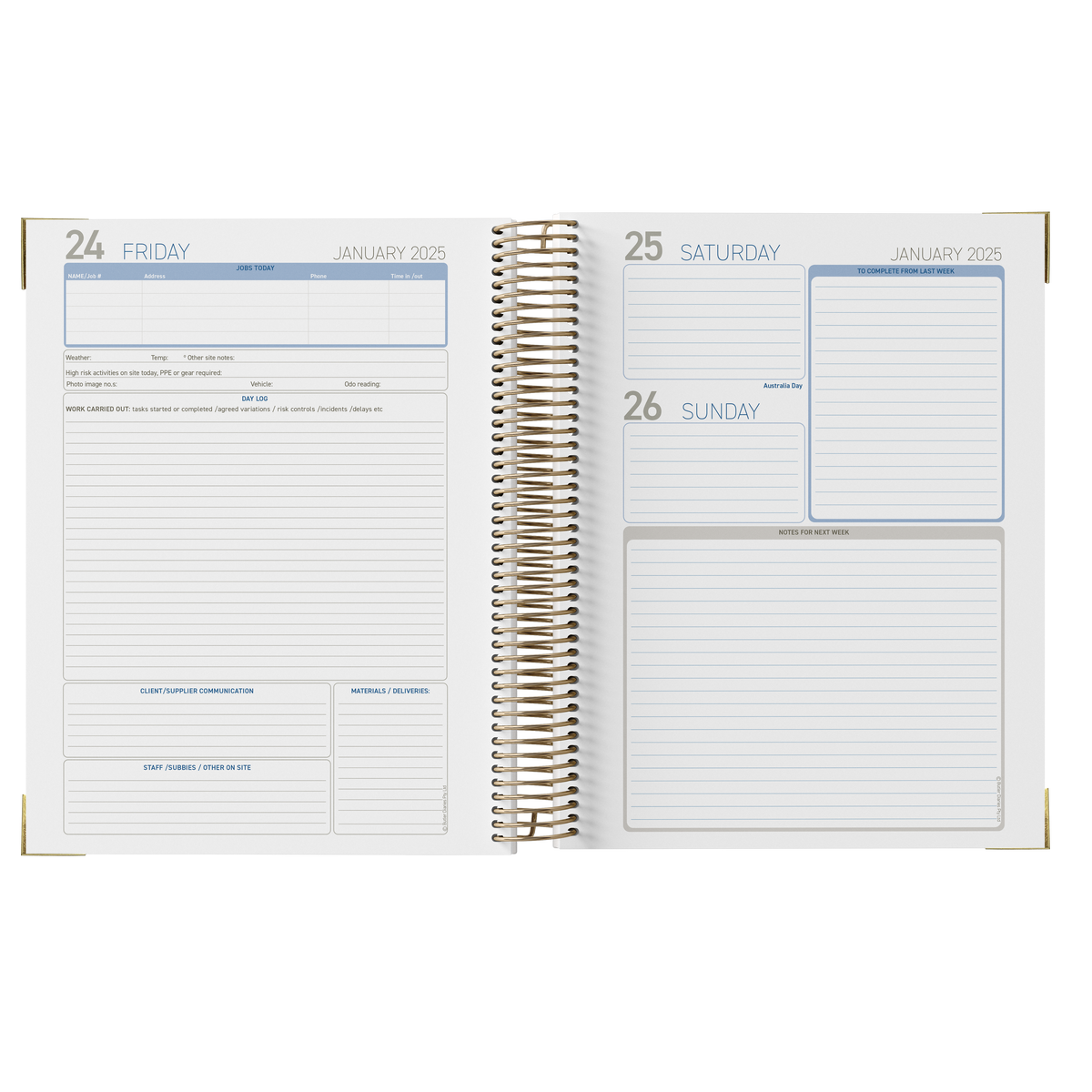 2026 Construction Diary for Tradies - A4 Leather Hard Cover Spiral Bound
