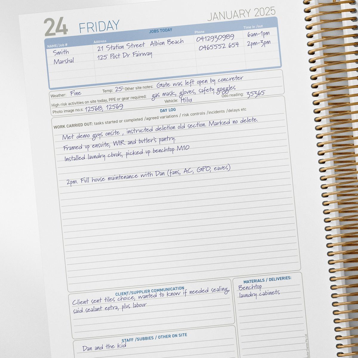 2026 Construction Diary for Tradies - A4 Leather Hard Cover Spiral Bound