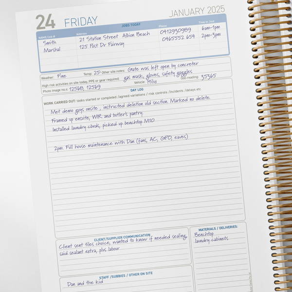 2026 Construction Diary for Tradies - A4 Leather Hard Cover Spiral Bound